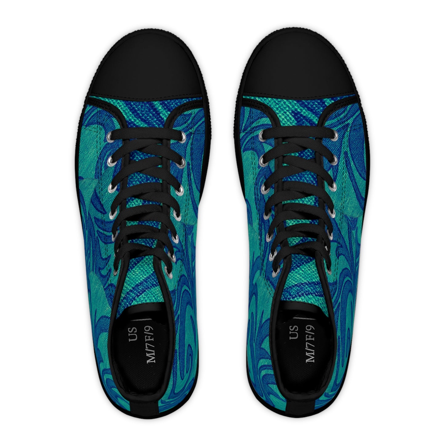 Teal Blue Swirl Pattern Women's High Top Sneakers | Abstract Floral Wave Design