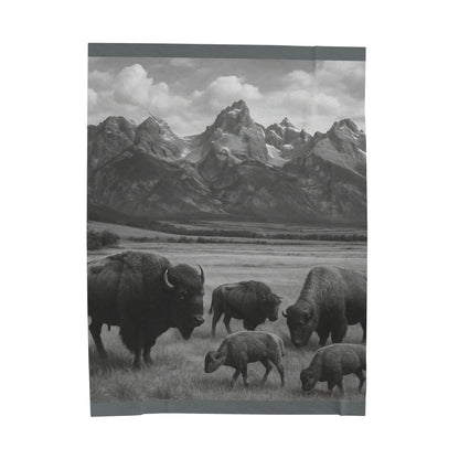 Rustic Bison Mountain Blanket Western Wildlife Lodge Cabin Decor, Cozy Buffalo Herd Bed Throw, Nature Inspired Rustic Bedding