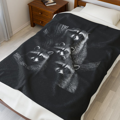 Black and White Raccoon Wall Art Print Four Curious Raccoons in Tree Wildlife Nature Home Decor Velveteen Plush Blanket