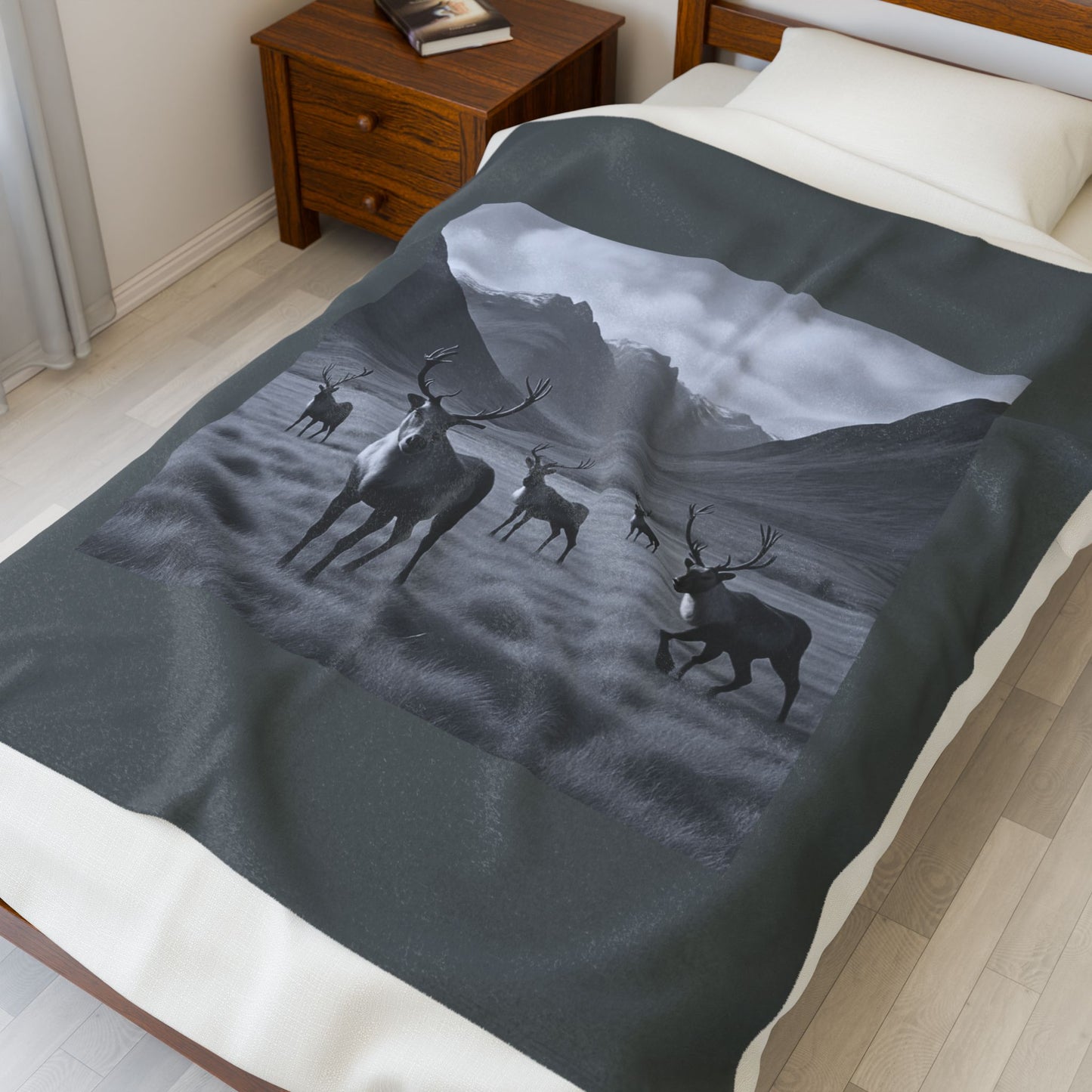 Black and White Deer Mountain Blanket Cozy Wildlife Lodge Cabin Plush Velveteen Throw for Rustic Home Décor