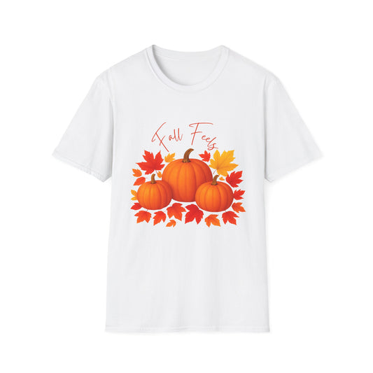 Fall Feels Pumpkin T-Shirt Cozy Autumn Leaves & Seasonal Harvest Tee Unisex Soft style T Shirt