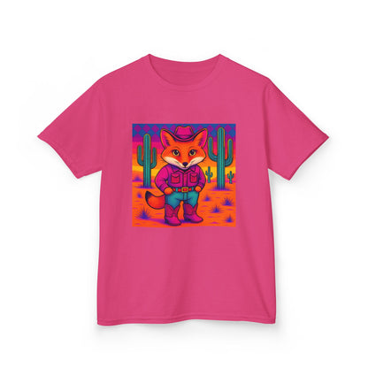 Cowboy Fox Kids T Shirt Cute Western Animal Shirt  Unisex Youth Tee for Boys and Girls  Neon Desert Y2K Style Kids Heavy Cotton™ Tee
