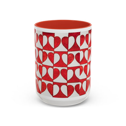 Red Heart Pattern Accent Coffee Mug | Checkerboard Valentine Ceramic Mug