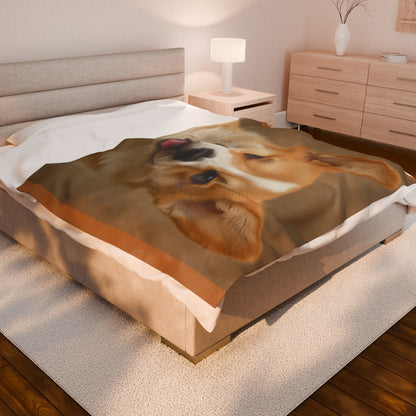 Smiling Corgi Face Velveteen Plush Blanket | Dog Portrait Throw