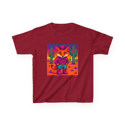 Cowboy Fox Kids T Shirt Cute Western Animal Shirt  Unisex Youth Tee for Boys and Girls  Neon Desert Y2K Style Kids Heavy Cotton™ Tee