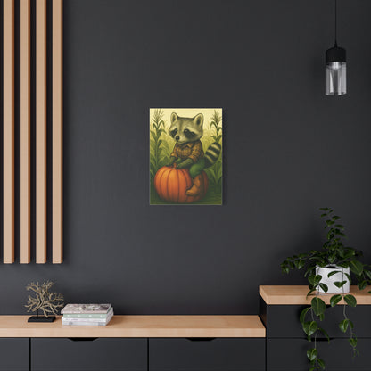 Matte Canvas Cowboy Harvest Raccoon on Pumpkin in Cornfield Green 8x10 - many sizes