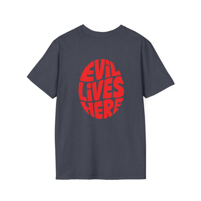 Evil Lives Here Halloween T-shirt, Spooky Retro Style, Mens