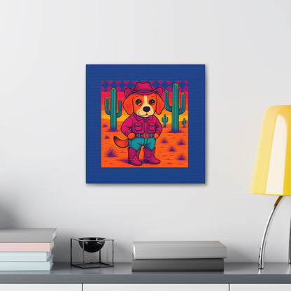 Canvas Stretched, Bright Colored Cowboy Dog in Desert Cactus, Cute Whimsical Wall Art, Home Decor, Western Animal Print, Dog Lover Gift