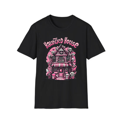 Haunted House Halloween T-Shirt  Pink Spooky Gothic Unisex Softstyle T-Shirt Men Women Teen College Student Highschool
