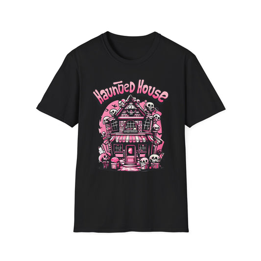 Haunted House Halloween T-Shirt  Pink Spooky Gothic Unisex Softstyle T-Shirt Men Women Teen College Student Highschool