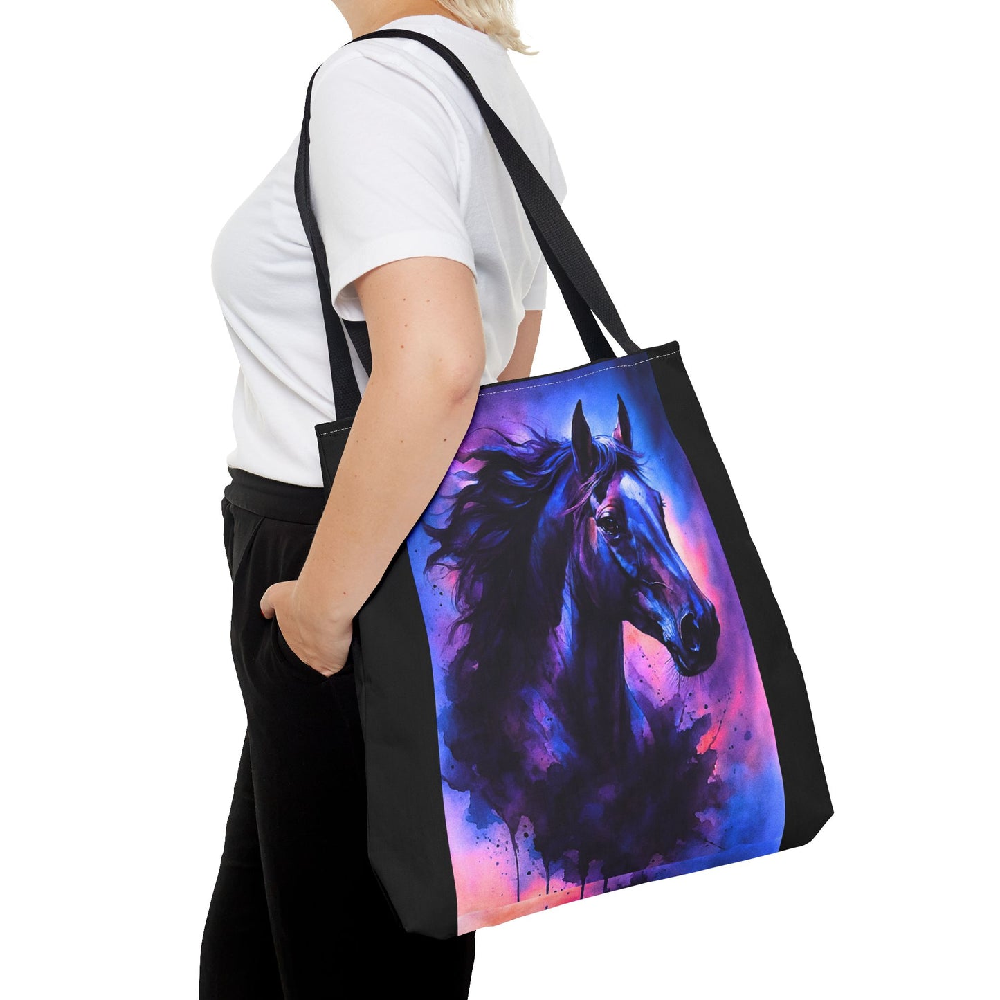 Bold Horse Tote Bag, Vibrant Blue & Purple Wild Spirit Artwork