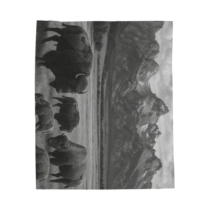 Bison Herd Mountain Landscape Blanket | Velveteen Plush Blanket