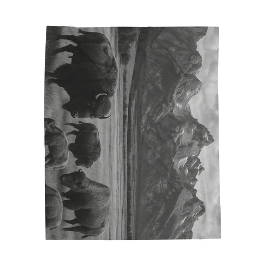 Bison Herd Mountain Landscape Blanket | Velveteen Plush Blanket