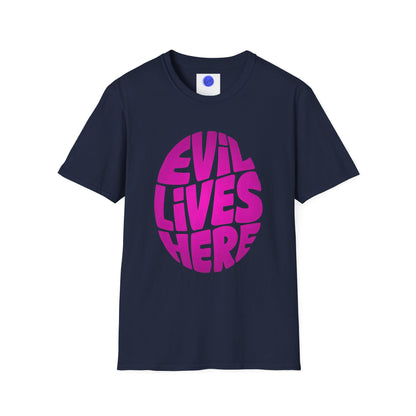 Evil Lives Here Halloween T-shirt, Spooky Retro Style, Mens