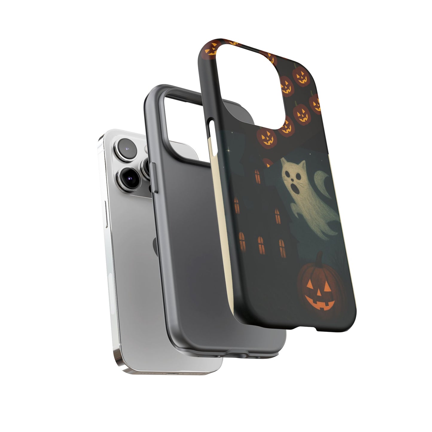 Phone Case, Halloween Haunted House Cat Ghost  iPhone 16, 15, 14, Pixel 8, 6 Samsung Galaxy 25, 24, 23