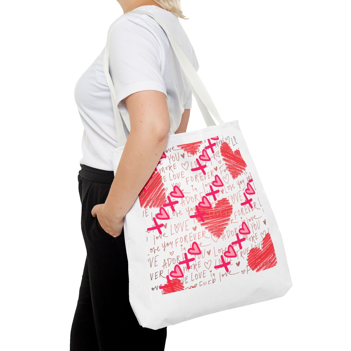 Red Scribble Hearts Tote Bag | Love Phrase Pattern