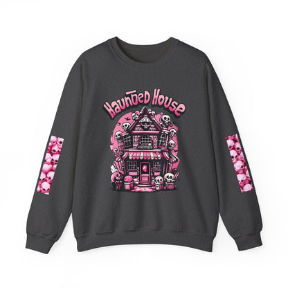 Haunted House Skull Sweatshirt Pink - Spooky Cute Pink & Black Aesthetic, Men, Women, Pink Skull,