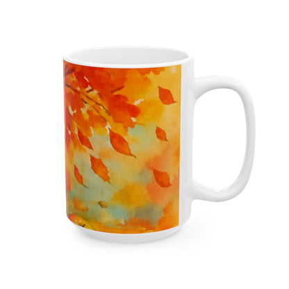 Autumn Watercolor Mug  Cozy Fall Leaves Ceramic Coffee Cup Gift Ceramic Mug, (11oz, 15oz)