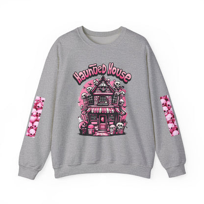 Haunted House Skull Sweatshirt Pink - Spooky Cute Pink & Black Aesthetic, Men, Women, Pink Skull,