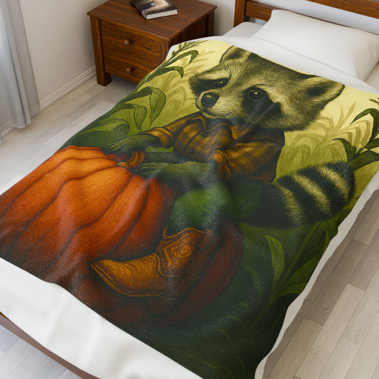 Cozy Fall Blanket with Raccoon Pumpkin Design Autumn Farmhouse Throw