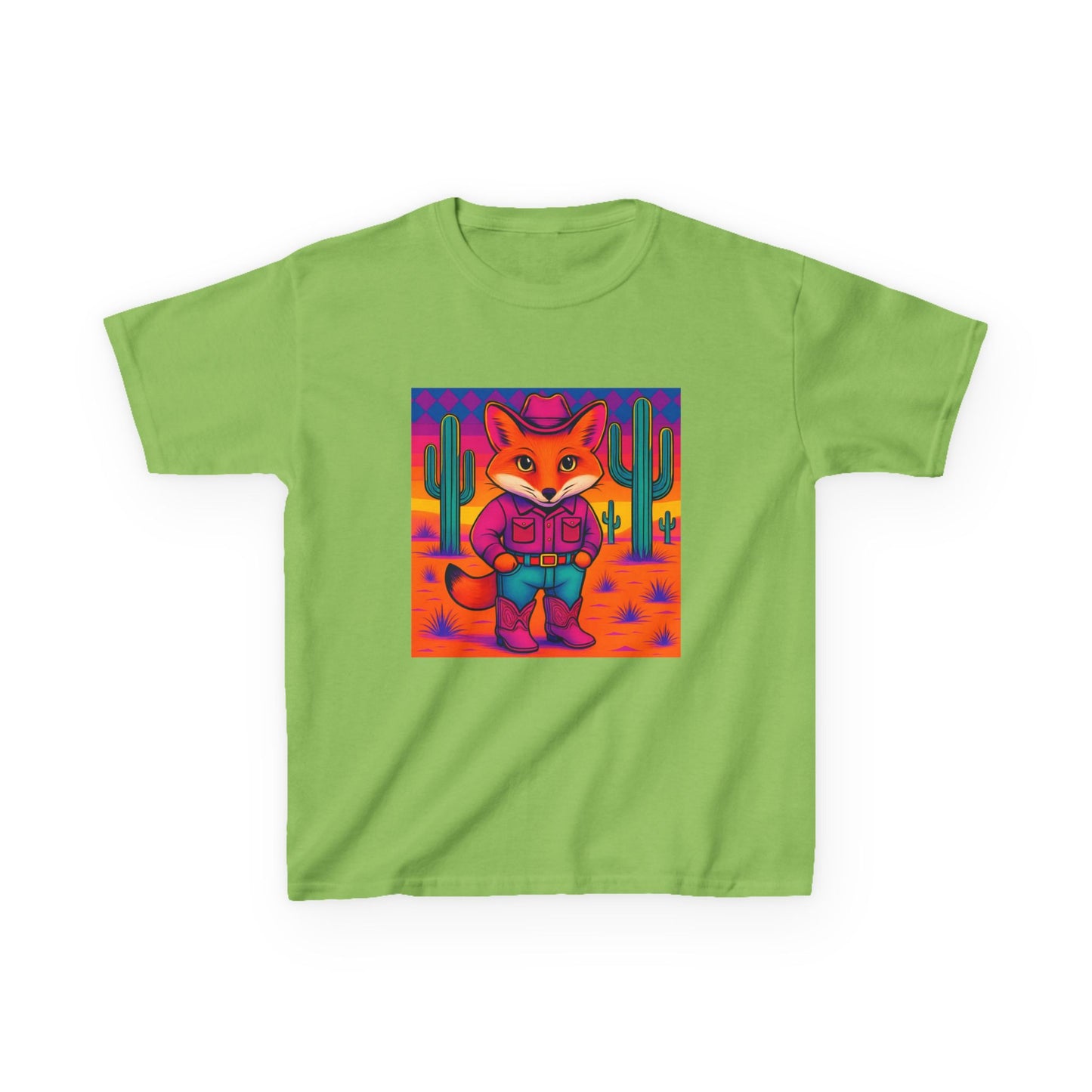 Cowboy Fox Kids T Shirt Cute Western Animal Shirt  Unisex Youth Tee for Boys and Girls  Neon Desert Y2K Style Kids Heavy Cotton™ Tee