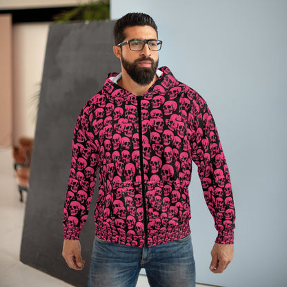 Edgy Pink Skull Hoodie Gothic Streetwear Unisex Zip Up Jacket, Alternative Punk Hoodie for Men and Women, Halloween Skull Print Fashion