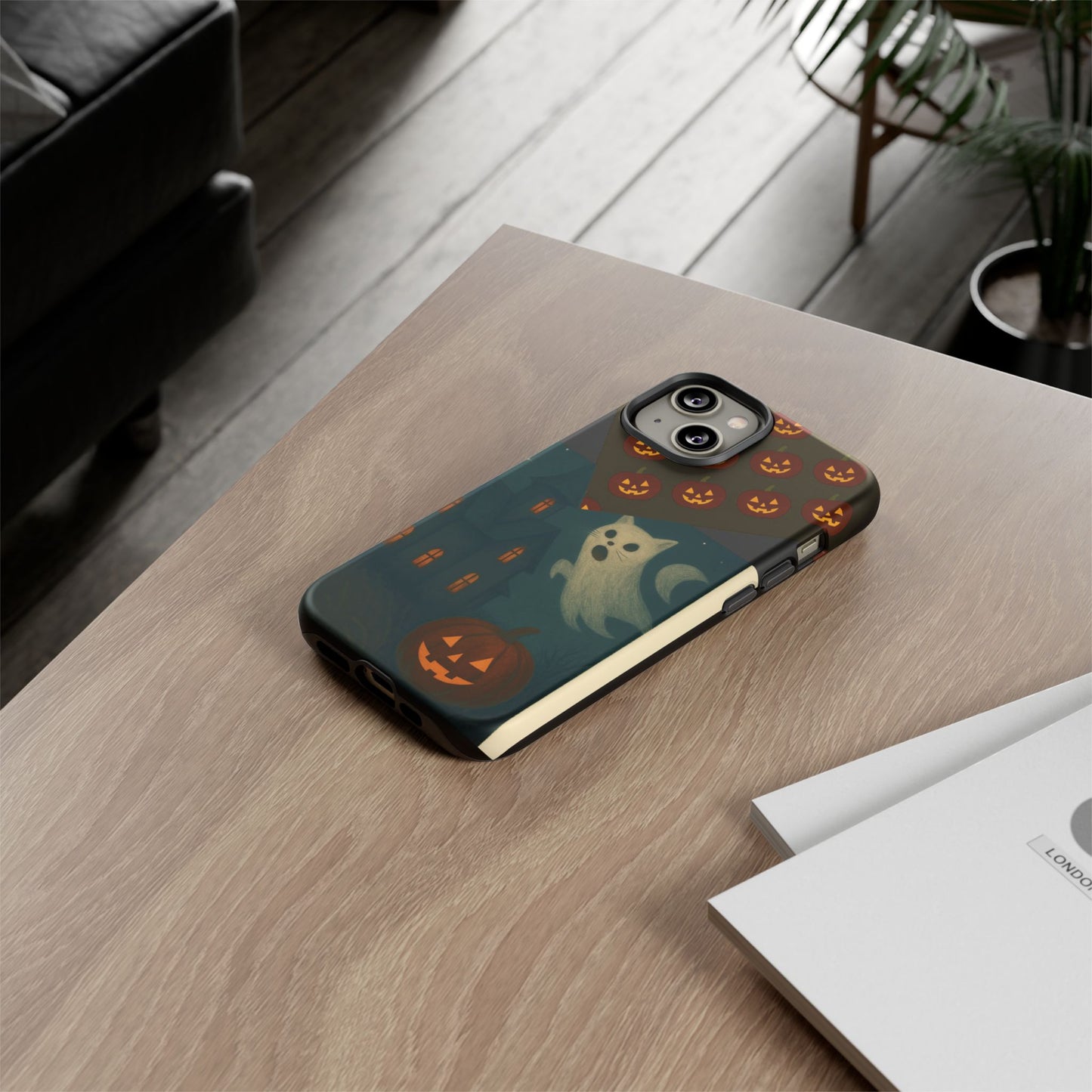 Phone Case, Halloween Haunted House Cat Ghost  iPhone 16, 15, 14, Pixel 8, 6 Samsung Galaxy 25, 24, 23