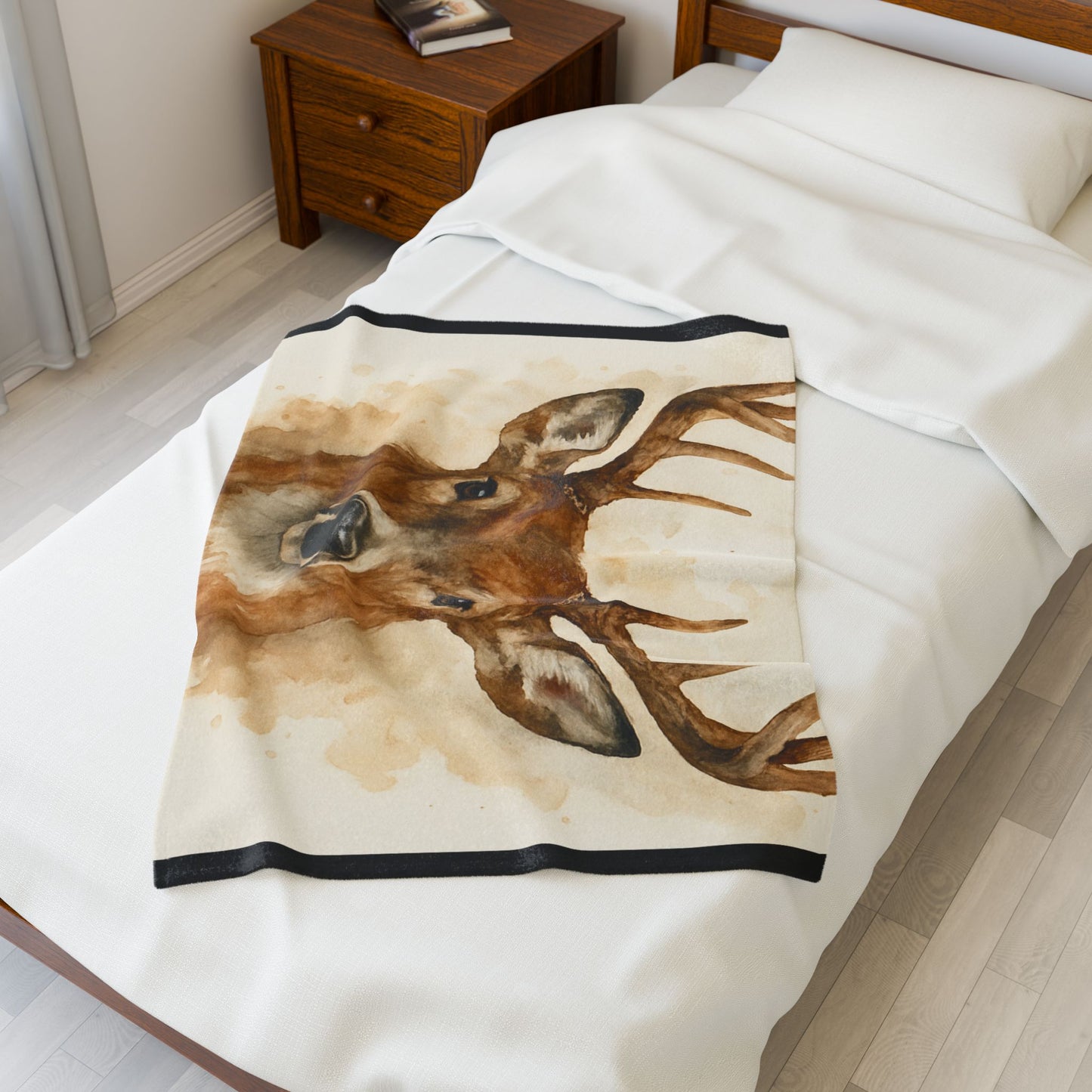 Watercolor Buck Deer Velveteen Plush Blanket | Rustic Wildlife Throw