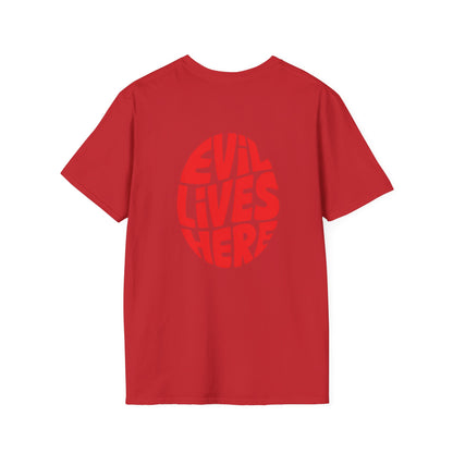 Evil Lives Here Halloween T-shirt, Spooky Retro Style, Mens