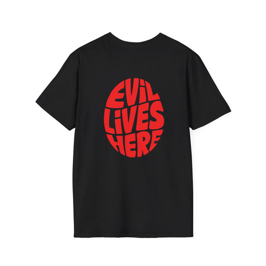Evil Lives Here Halloween T-shirt, Spooky Retro Style, Mens