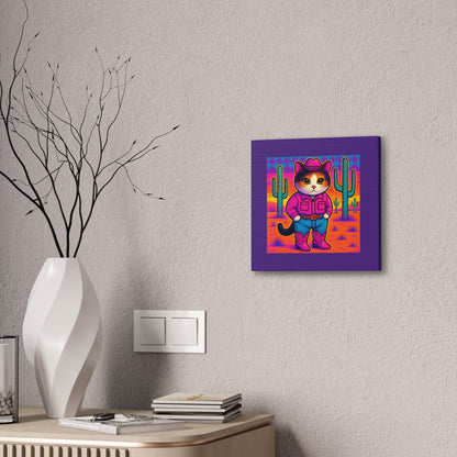 Bright Colored Cowboy Cat with Cactus Canvas stretched 8x8