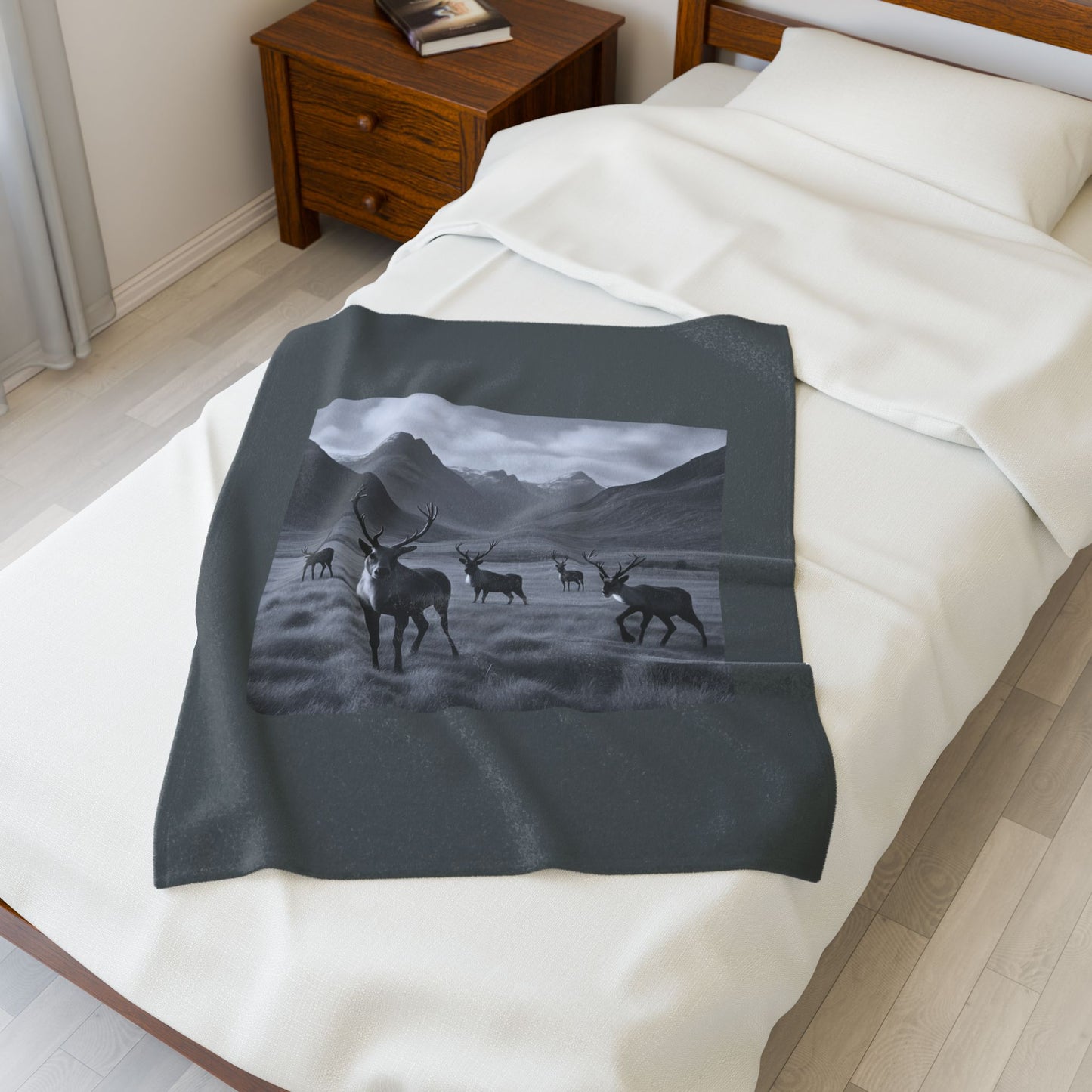 Black and White Deer Mountain Blanket Cozy Wildlife Lodge Cabin Plush Velveteen Throw for Rustic Home Décor