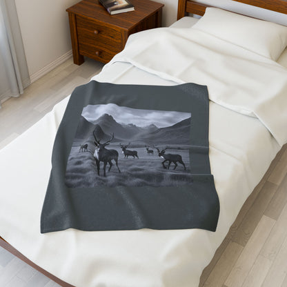 Black and White Deer Mountain Blanket Cozy Wildlife Lodge Cabin Plush Velveteen Throw for Rustic Home Décor