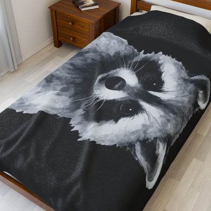 Black and White Raccoon Velveteen Plush Blanket | Cute Animal Face Throw
