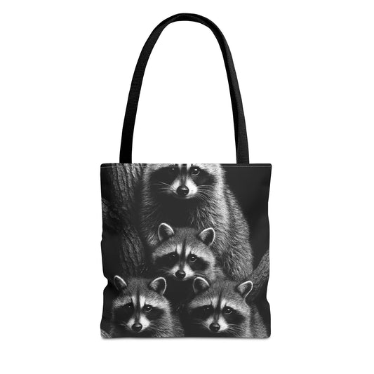 Raccoon Family Tote Bag | Black & White Wildlife Aesthetic