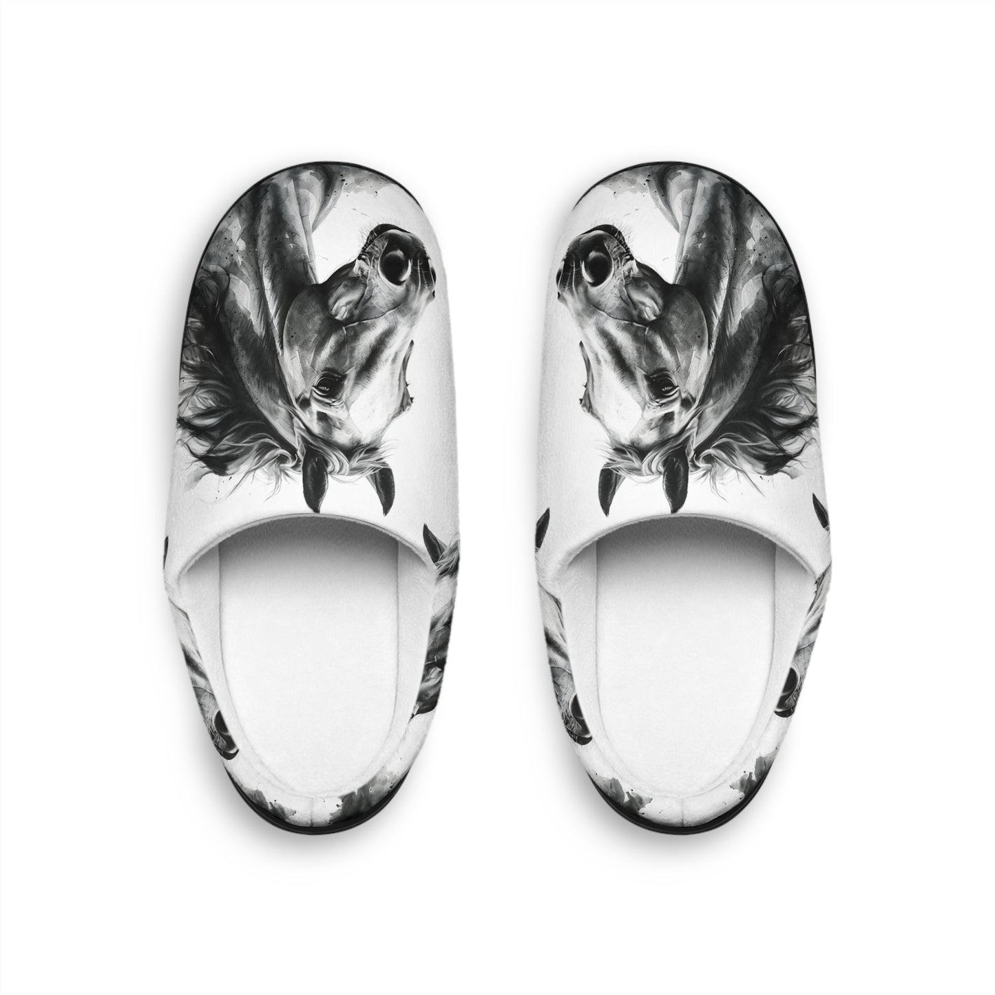 Black and White Horse Slippers Cozy Indoor Equestrian Footwear, Western Ranch Style Gift