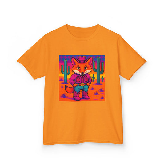 Cowboy Fox Kids T Shirt Cute Western Animal Shirt  Unisex Youth Tee for Boys and Girls  Neon Desert Y2K Style Kids Heavy Cotton™ Tee