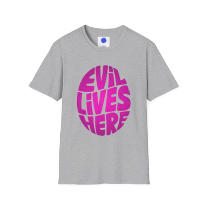 Evil Lives Here Halloween T-shirt, Spooky Retro Style, Mens