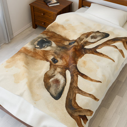 Watercolor Buck Deer Velveteen Plush Blanket | Rustic Wildlife Throw