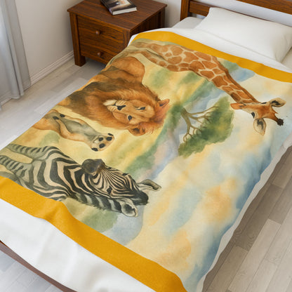 Safari Animal Nursery Lion Zebra Giraffe Velveteen Plush Blanket