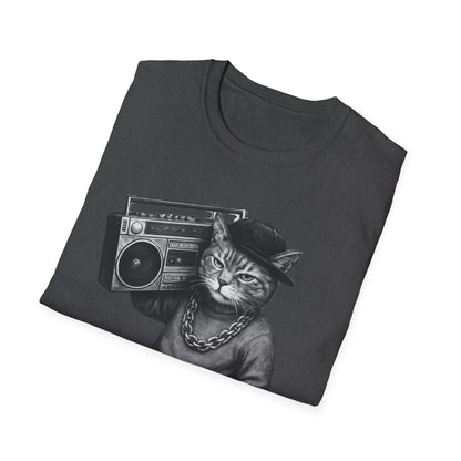 Black & White Boombox Cat T Shirt Hip Hop Streetwear Graphic Tee for Music Lovers Unisex Soft style T Shirt