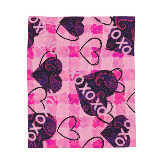 XOXO Heart Pattern Velveteen Plush Blanket | Pink Paisley Hearts Throw