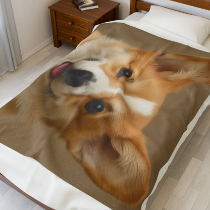 Smiling Corgi Face Velveteen Plush Blanket | Dog Portrait Throw