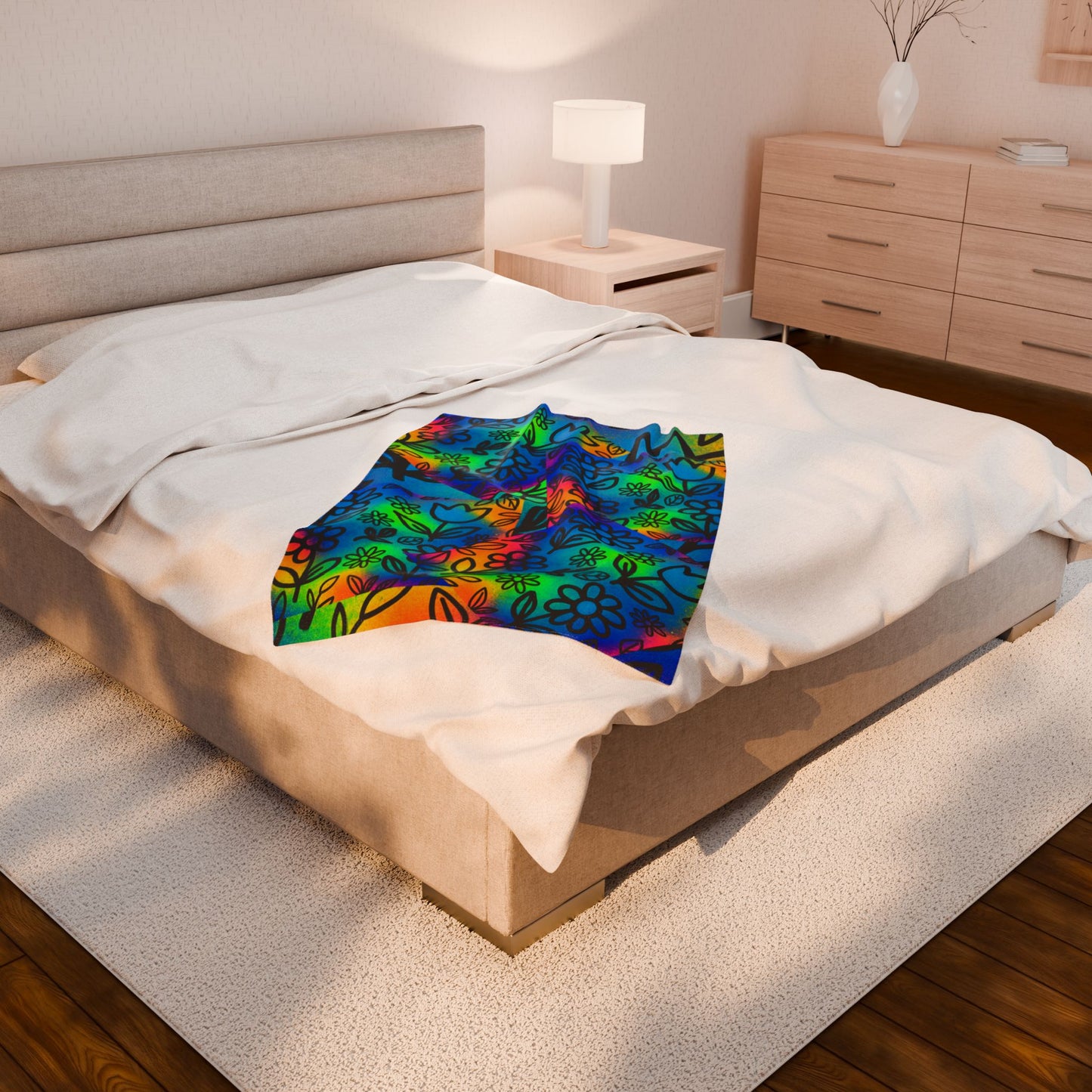 Rainbow Floral Plush Blanket | Colorful Cozy Soft Throw