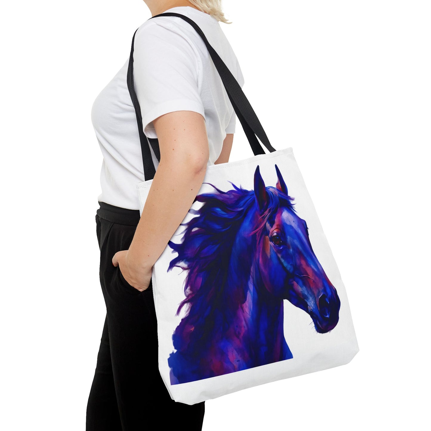 Bold Horse Tote Bag, Vibrant Blue & Purple Wild Spirit Artwork