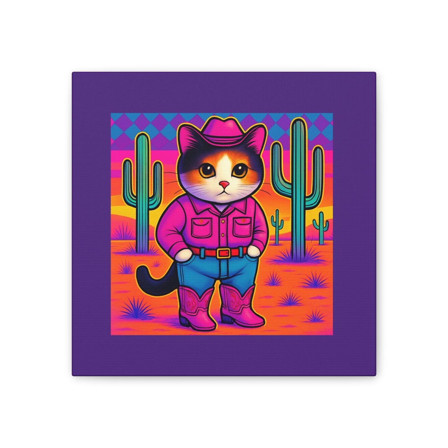 Bright Colored Cowboy Cat with Cactus Canvas stretched 8x8
