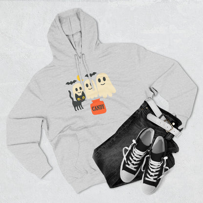 Halloween Three-Panel Fleece Hoodie, Ghost Black Cat Long Sleeve Unisex, Scary Bat Costume Sweatshirt, Trick or Treat Candy Bucket Jacket,