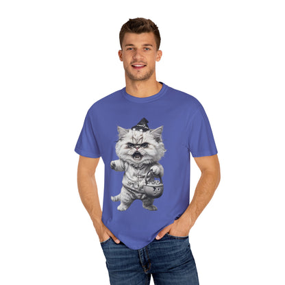 Angry Halloween Cat T Shirt  Funny Spooky Kitten Tee  Gothic Trick or Treat Shirt Unisex Garment Dyed T shirt