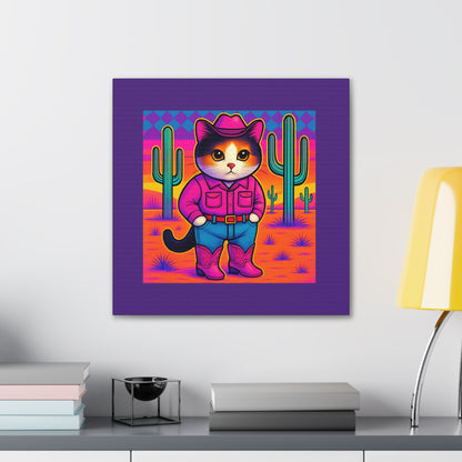 Bright Colored Cowboy Cat with Cactus Canvas stretched 8x8