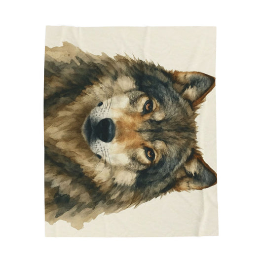 Watercolor Wolf Face Velveteen Plush Blanket | Woodland Animal Throw